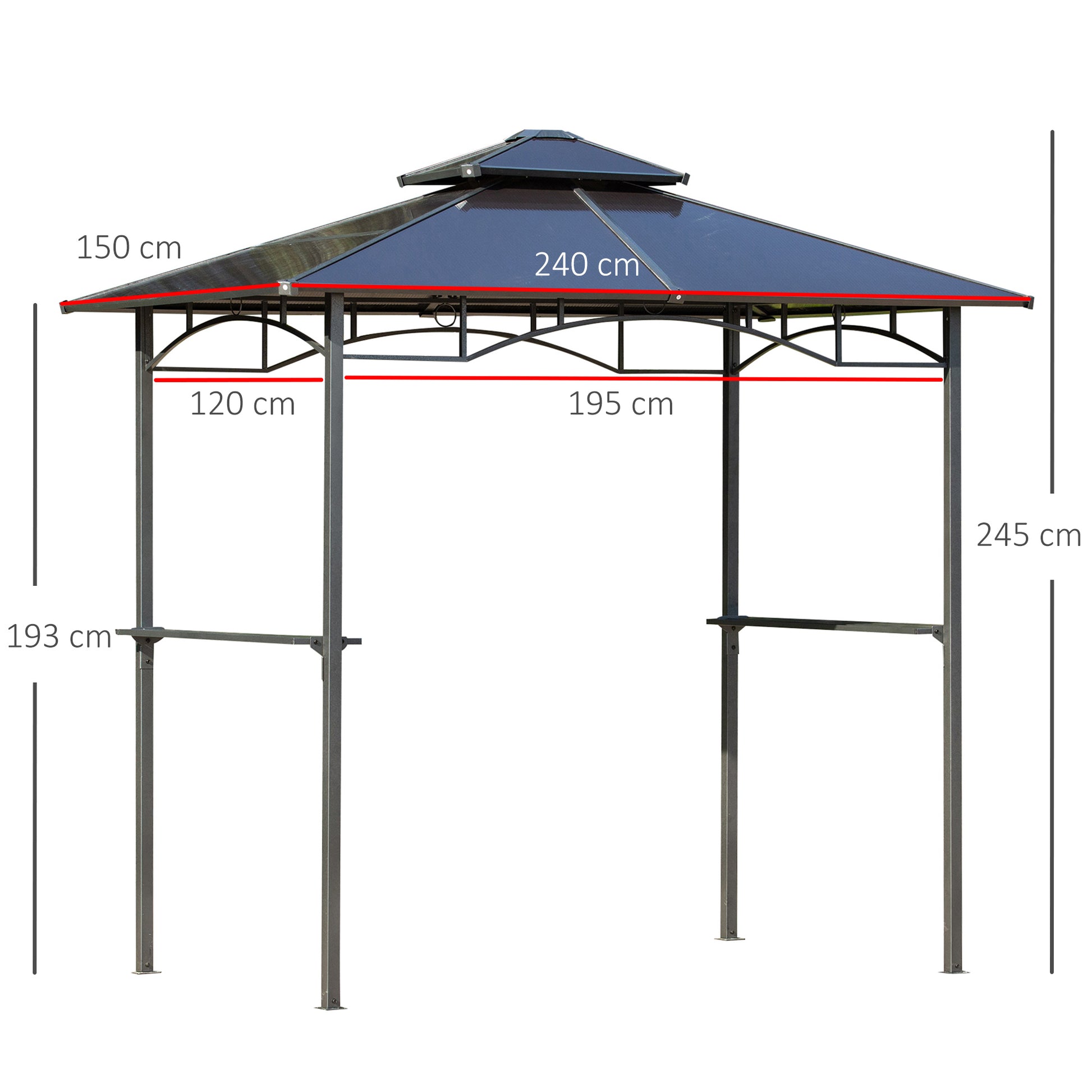 Garden Gazebo 2.4 x 1.5m - barbecue shelter - steakhouse 2 shelves - barbecue roof - black aluminum metal polycarbonate roof