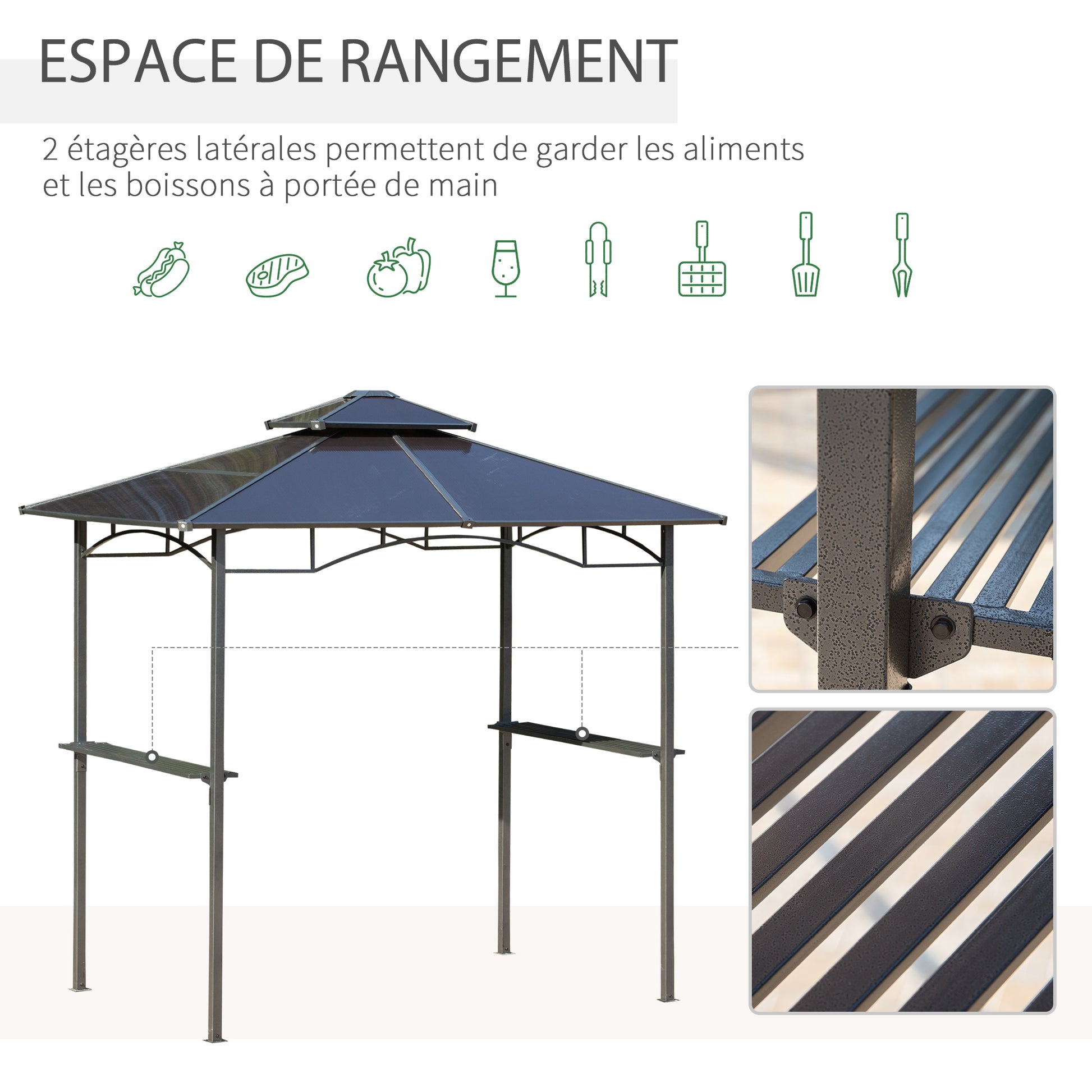 Garden Gazebo 2.4 x 1.5m - barbecue shelter - steakhouse 2 shelves - barbecue roof - black aluminum metal polycarbonate roof