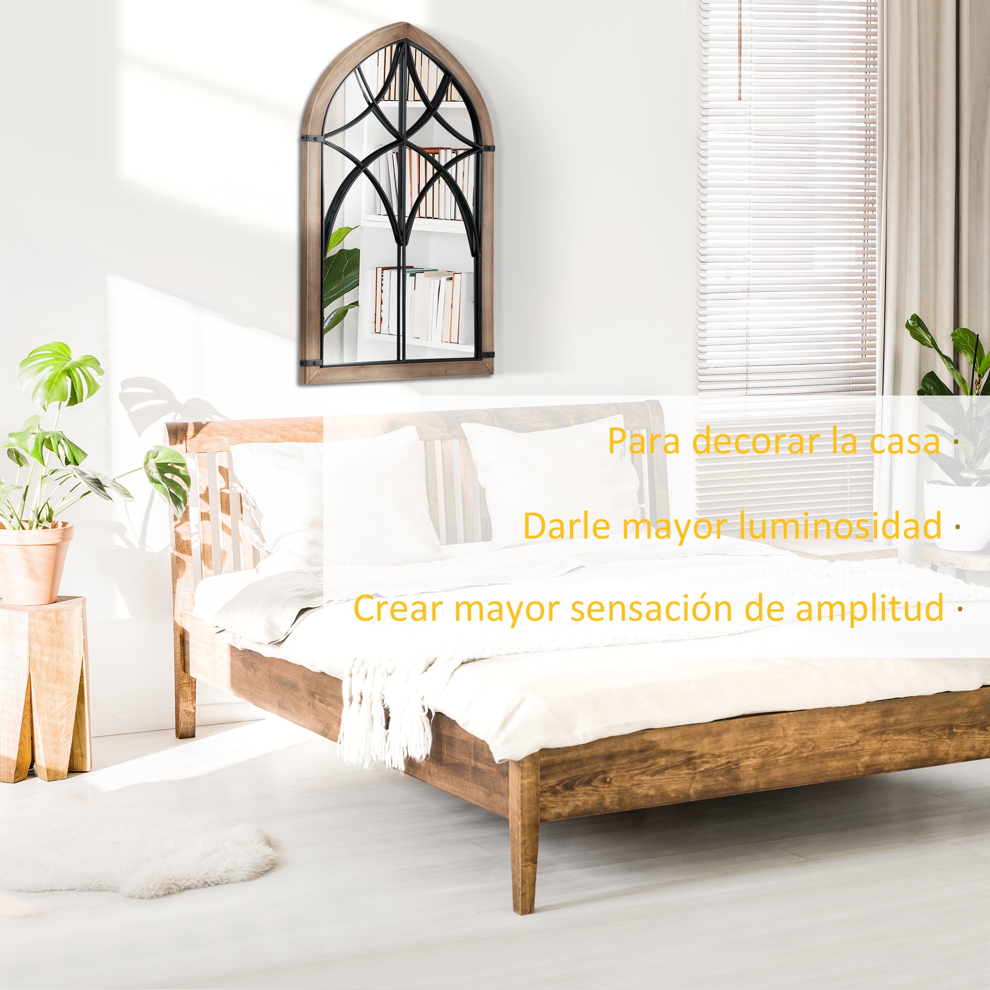 Decorative Wooden Wall Mirror 93x60 cm Window Mirror with 2 Hooks Vintage Style for Living Room Bedroom Dining Room Entryway Brown