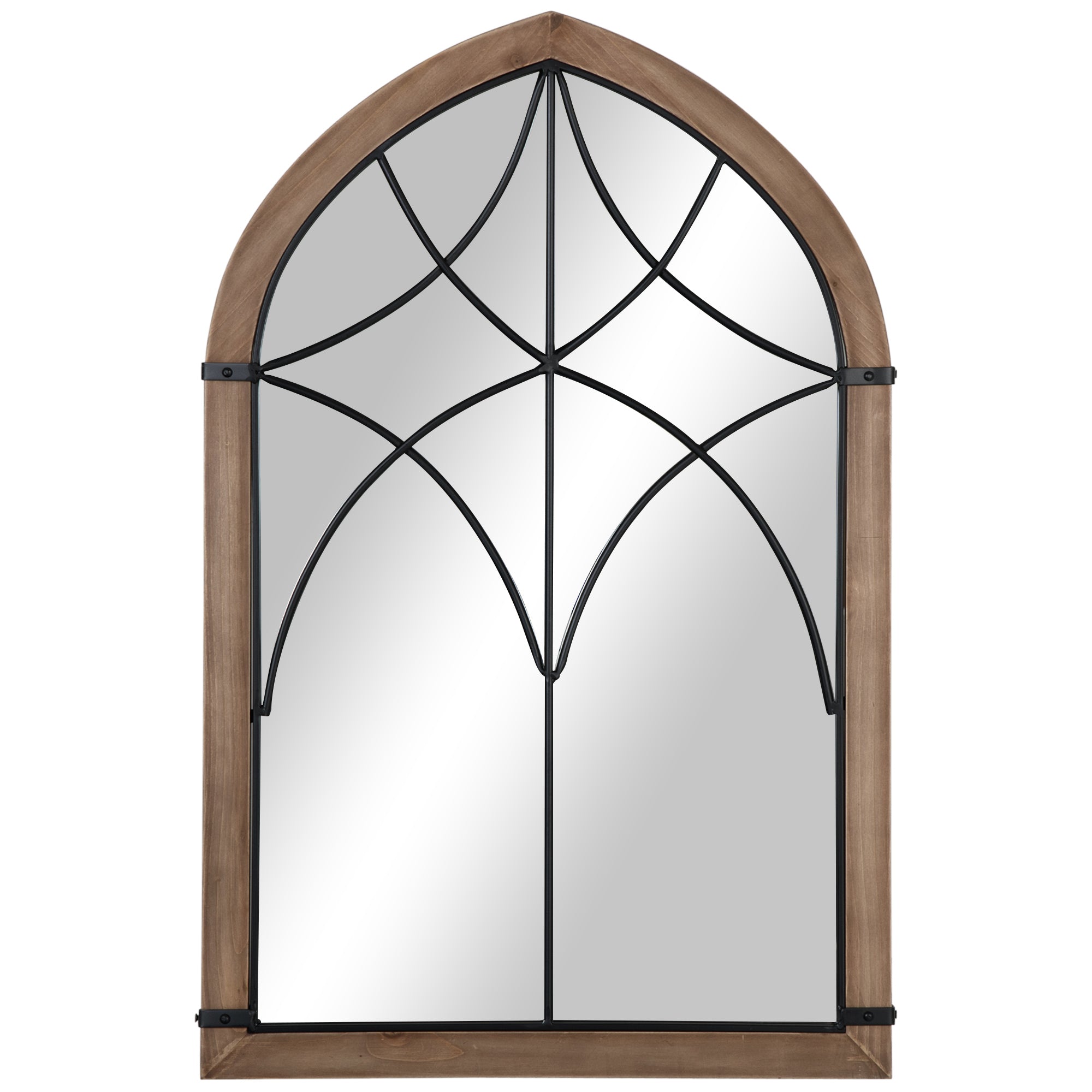 Decorative Wooden Wall Mirror 93x60 cm Window Mirror with 2 Hooks Vintage Style for Living Room Bedroom Dining Room Entryway Brown