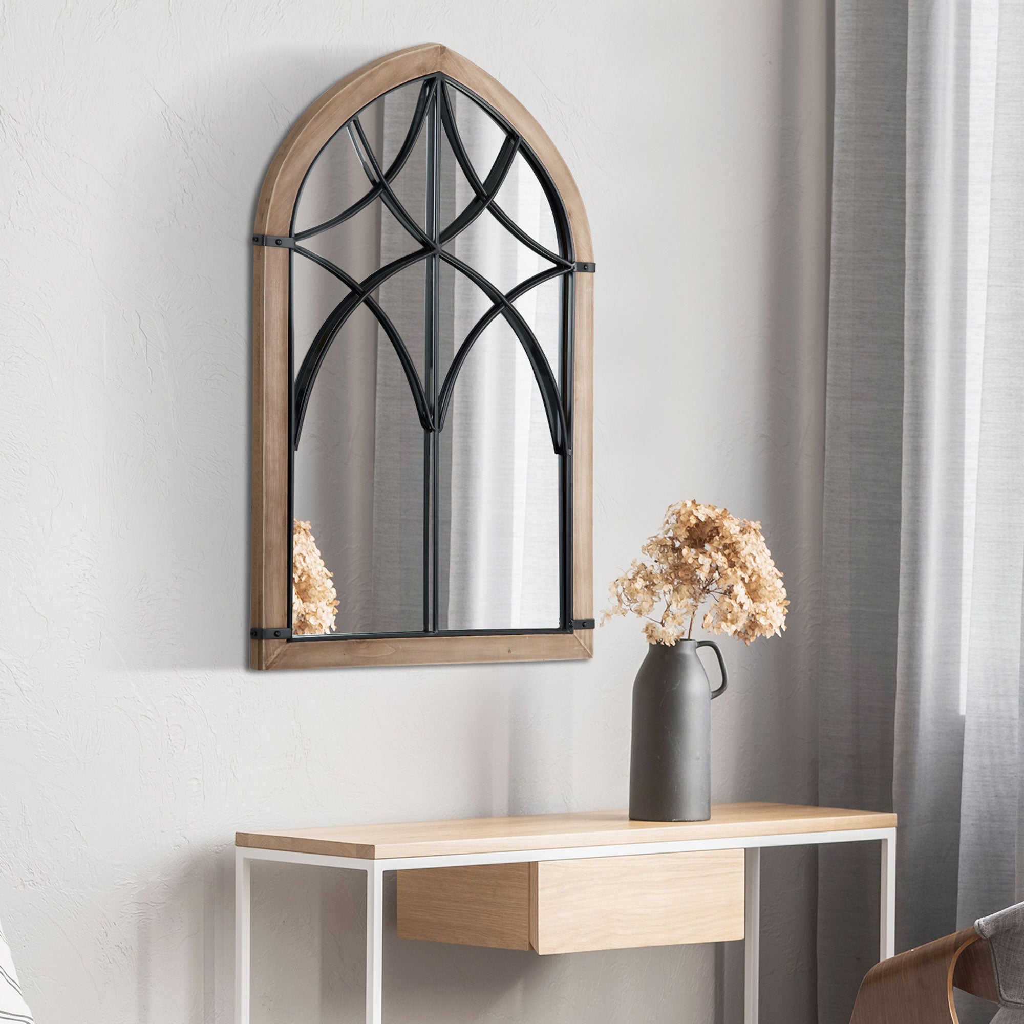 Decorative Wooden Wall Mirror 93x60 cm Window Mirror with 2 Hooks Vintage Style for Living Room Bedroom Dining Room Entryway Brown
