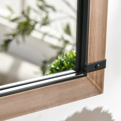 Decorative Wooden Wall Mirror 93x60 cm Window Mirror with 2 Hooks Vintage Style for Living Room Bedroom Dining Room Entryway Brown