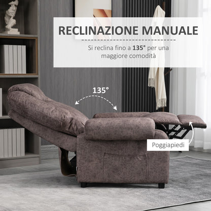 Manual Reclining Relax Armchair in Fabric, Reclining Armchair with Removable Footrest and Side Pocket, Brown