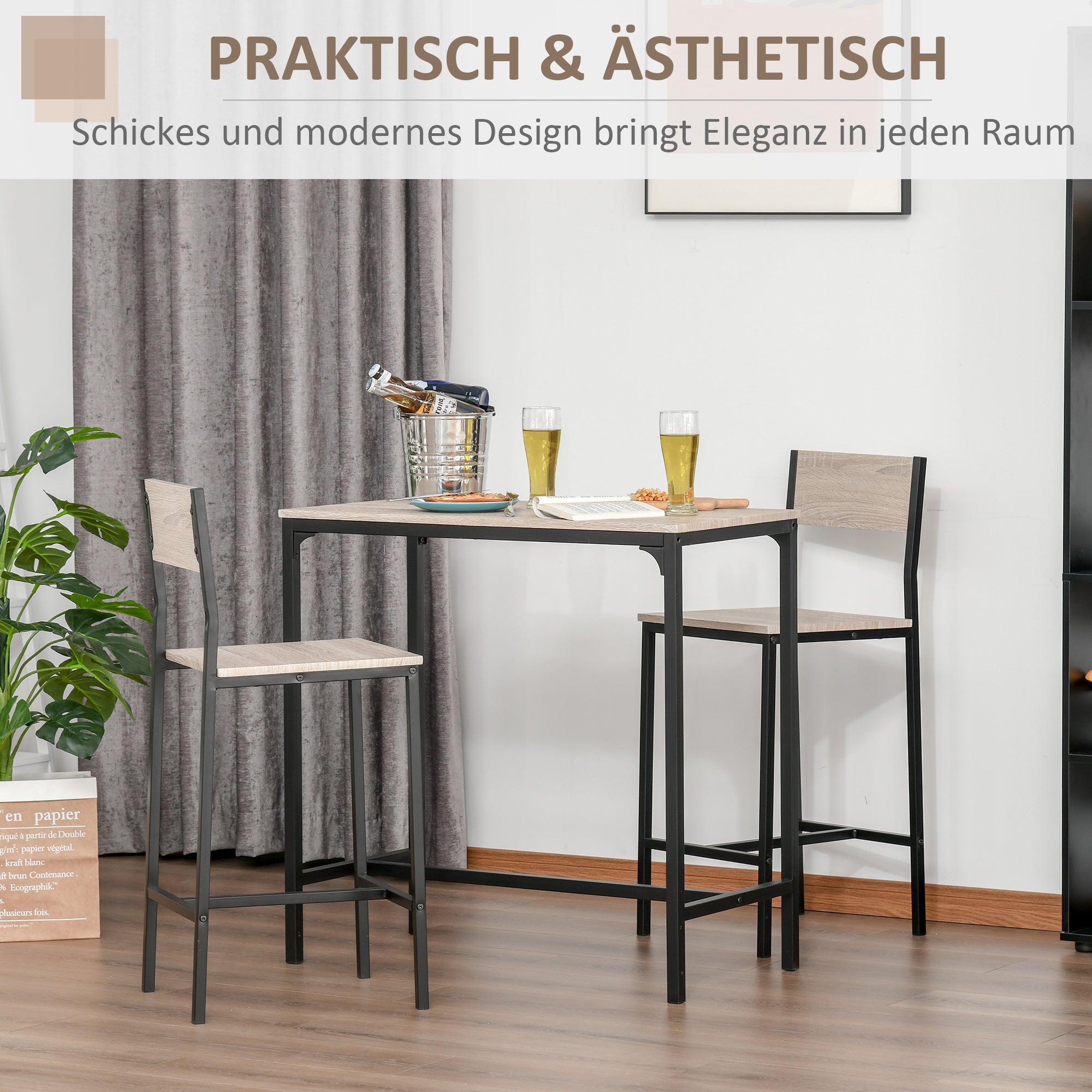 Bar Table Set Bar Table with Bar stool Set Dining Table with 2 Chairs with Backrest Kitchen Table for Dining Room, Kitchen, Natural Wood