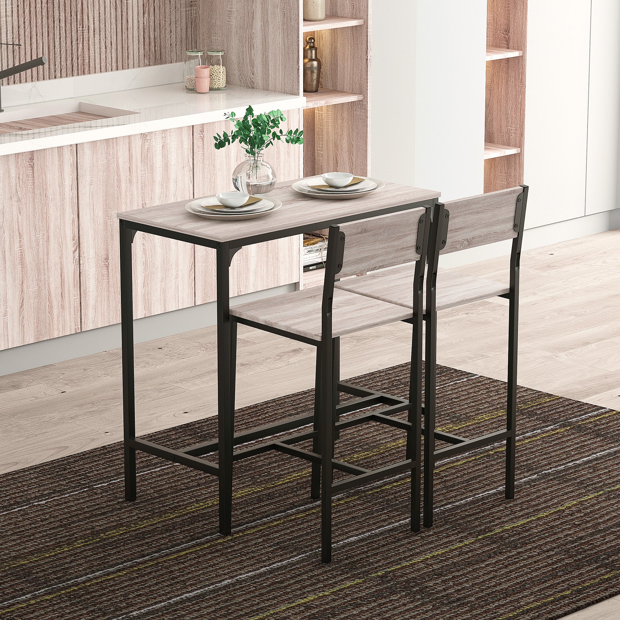 Bar Table Set Bar Table with Bar stool Set Dining Table with 2 Chairs with Backrest Kitchen Table for Dining Room, Kitchen, Natural Wood