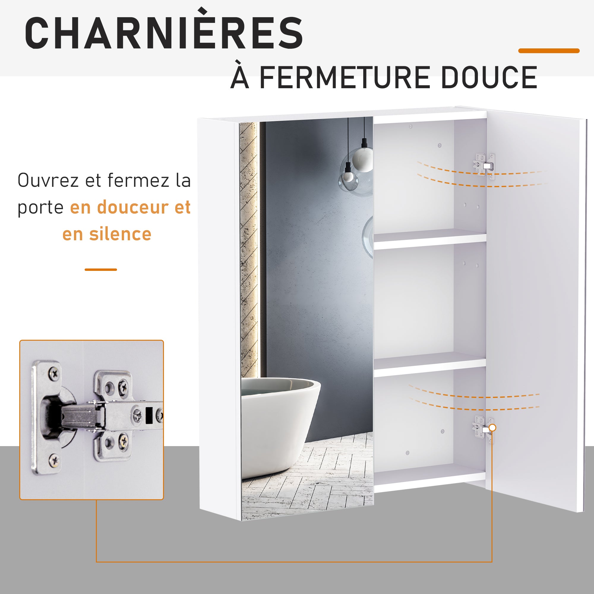 Wall-mounted bathroom cabinet with mirror, 60 x 75 cm, bathroom furniture, medicine cabinet with adjustable shelf, white