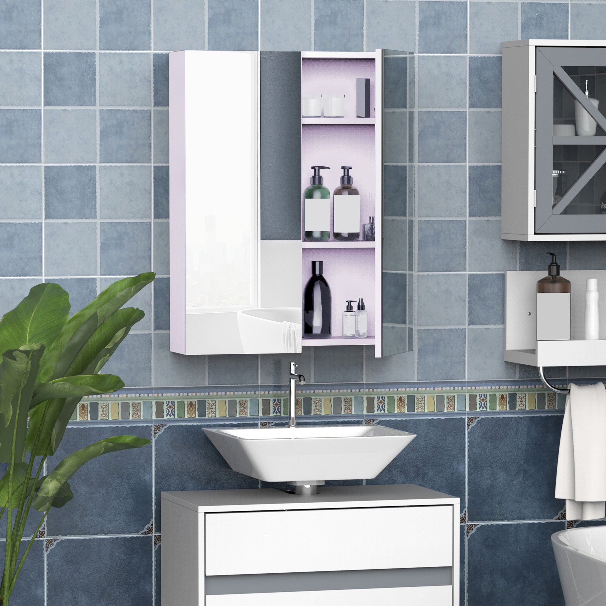 Wall-mounted bathroom cabinet with mirror, 60 x 75 cm, bathroom furniture, medicine cabinet with adjustable shelf, white