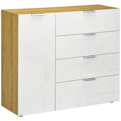 Bedroom Dresser Living Room Sideboard with 4 High Gloss Drawers Door and Adjustable Shelves for Dining Room 105x35x92 cm White and Natural
