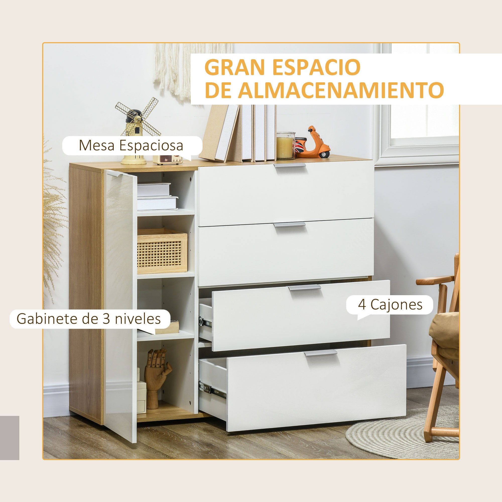 Bedroom Dresser Living Room Sideboard with 4 High Gloss Drawers Door and Adjustable Shelves for Dining Room 105x35x92 cm White and Natural