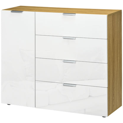 Bedroom Dresser Living Room Sideboard with 4 High Gloss Drawers Door and Adjustable Shelves for Dining Room 105x35x92 cm White and Natural