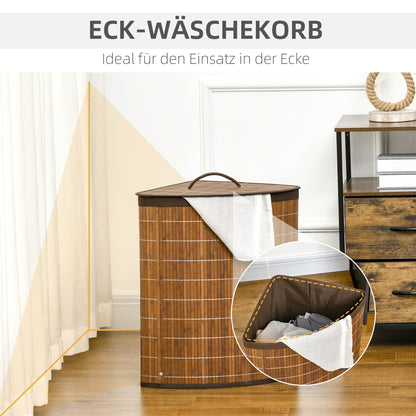 Bamboo Laundry Basket with Lid 55L, Laundry Collector with Handles, Removable Laundry Bag, Corner Laundry Bin for Laundry Room Bathroom Bedroom Brown