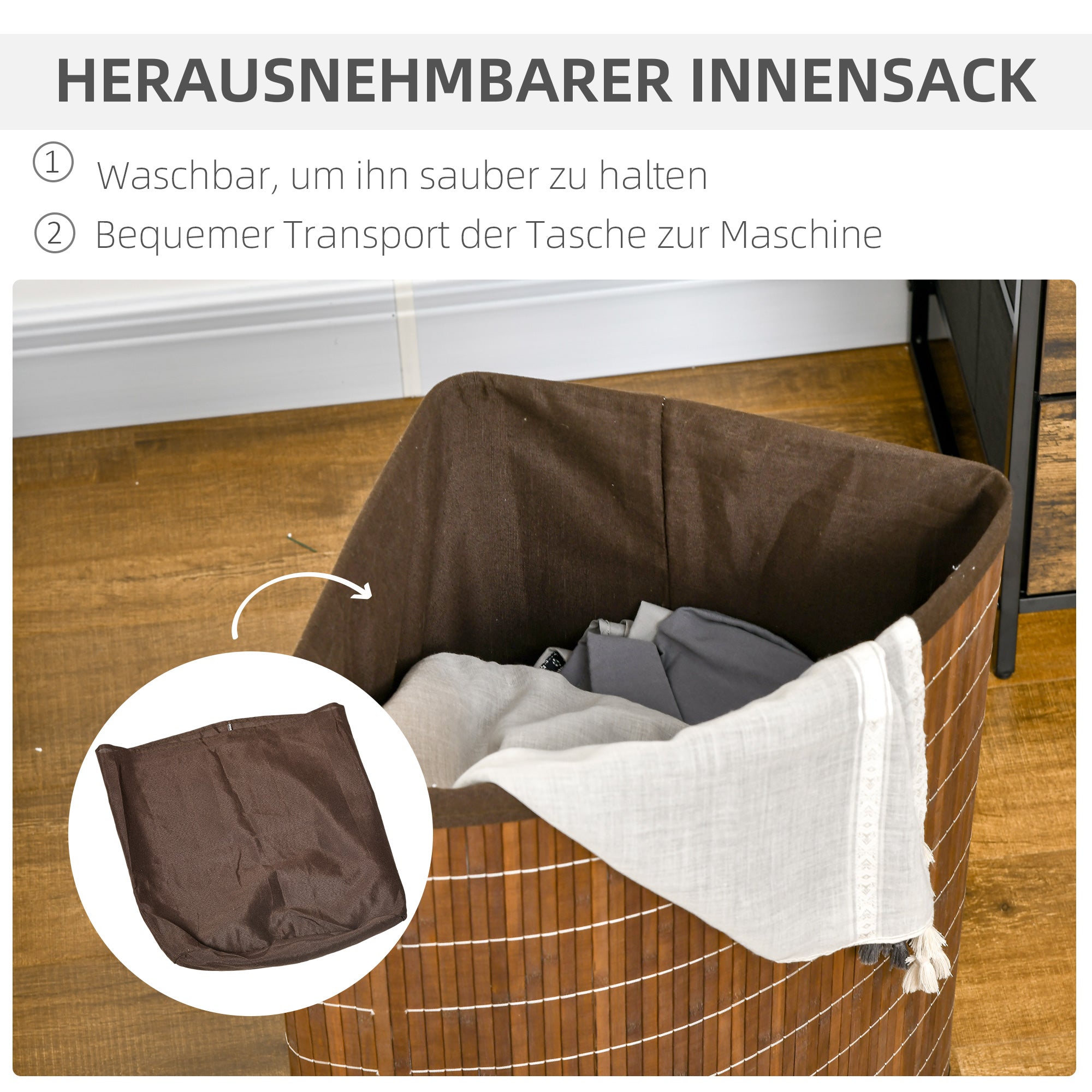 Bamboo Laundry Basket with Lid 55L, Laundry Collector with Handles, Removable Laundry Bag, Corner Laundry Bin for Laundry Room Bathroom Bedroom Brown