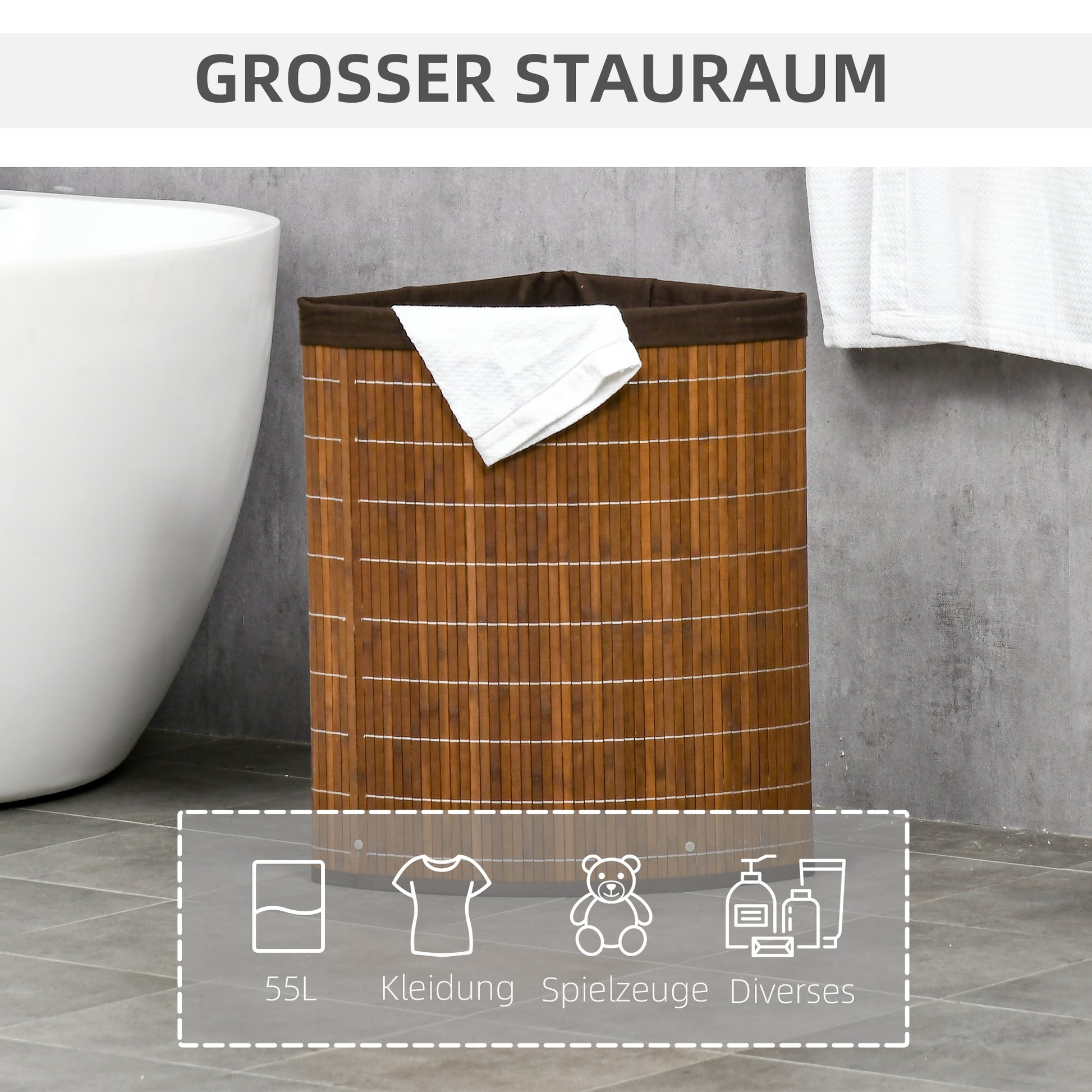 Bamboo Laundry Basket with Lid 55L, Laundry Collector with Handles, Removable Laundry Bag, Corner Laundry Bin for Laundry Room Bathroom Bedroom Brown