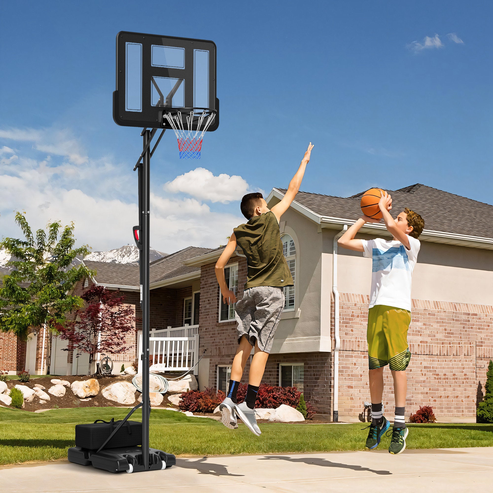 SPORTNOW Outdoor Basketball Hoop, Adjustable Basket Height 230-305 cm, Basketball Stand with 110 x 75 cm shatterproof backboard with wheels, spring-loaded basket, weight for adults