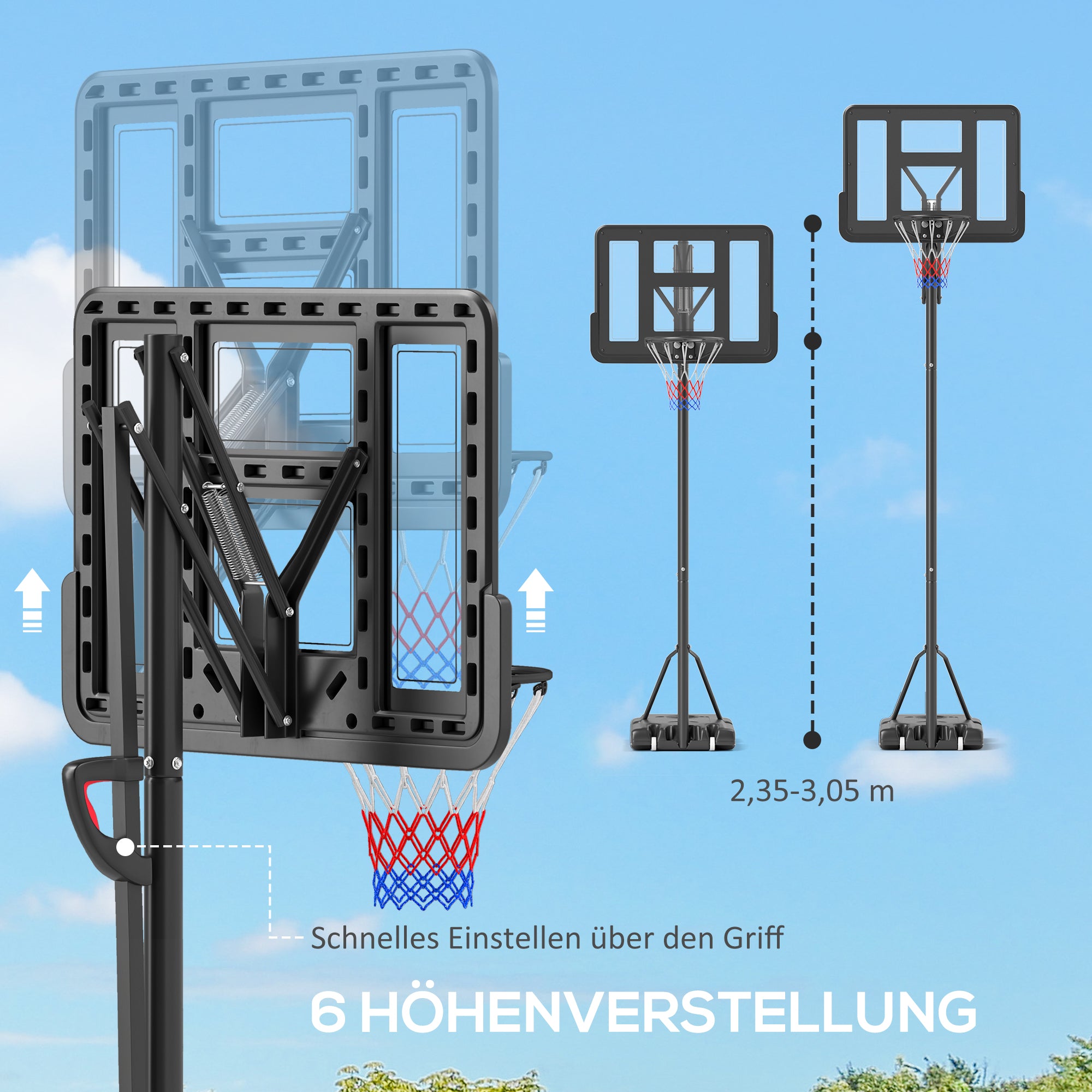 SPORTNOW Outdoor Basketball Hoop, Adjustable Basket Height 230-305 cm, Basketball Stand with 110 x 75 cm shatterproof backboard with wheels, spring-loaded basket, weight for adults