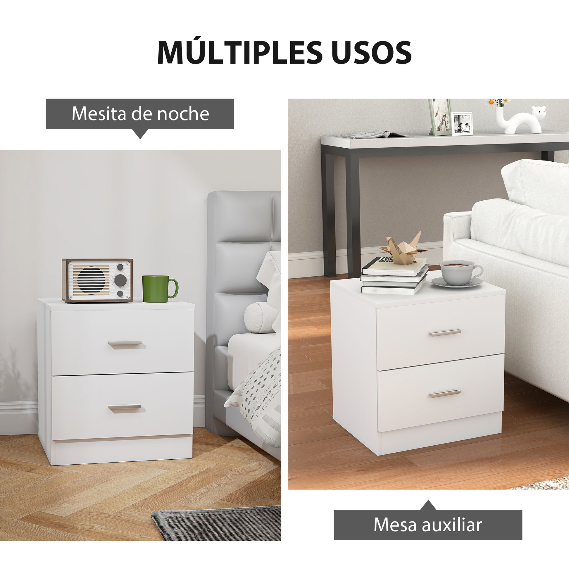 Modern Bedside Table Nightstand with 2 Drawers Side Table for Living Room Bedroom Load 30 kg 45x39.5x49 cm White