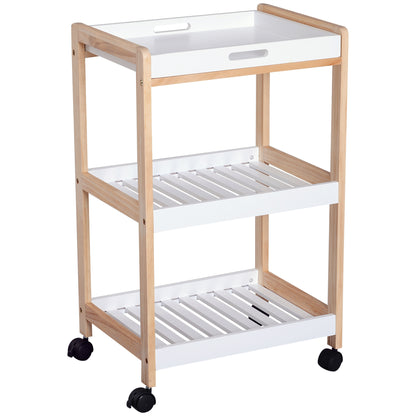 Kitchen Service Trolley with Wheels 2 Shelves + Removable Tray Pine Wood MDF White
