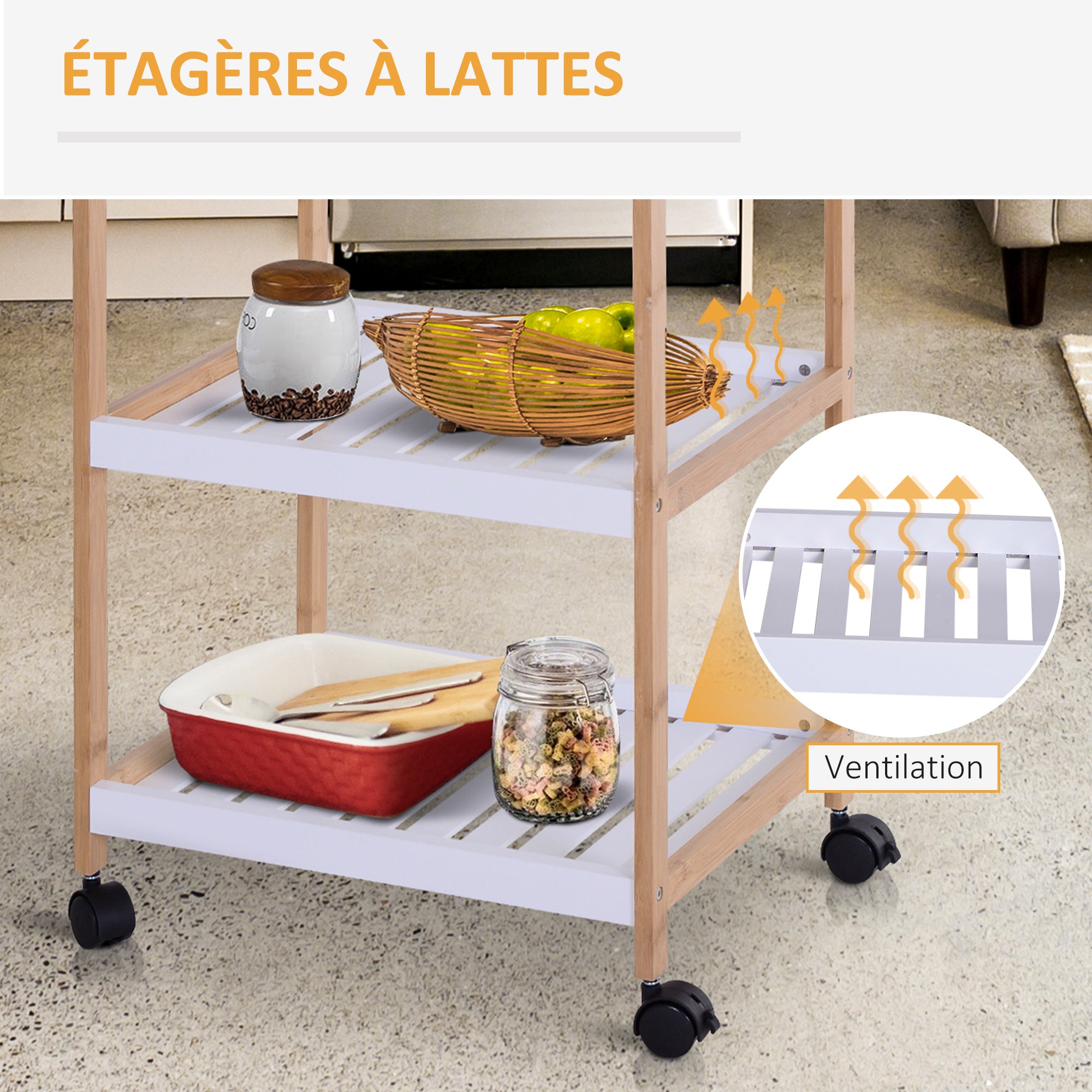 Kitchen Service Trolley with Wheels 2 Shelves + Removable Tray Pine Wood MDF White