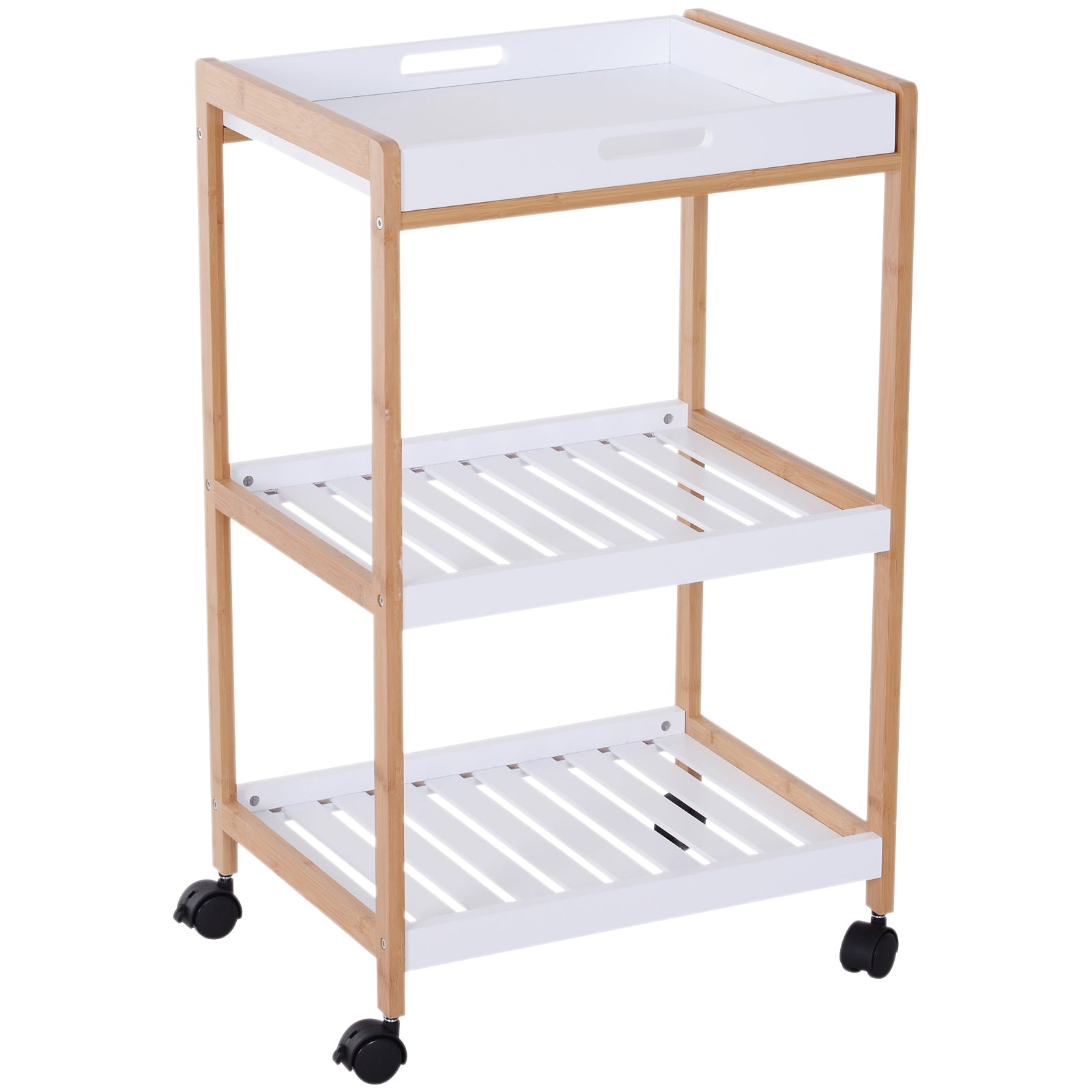 Kitchen Service Trolley with Wheels 2 Shelves + Removable Tray Pine Wood MDF White
