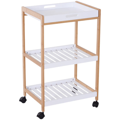 Kitchen Service Trolley with Wheels 2 Shelves + Removable Tray Pine Wood MDF White