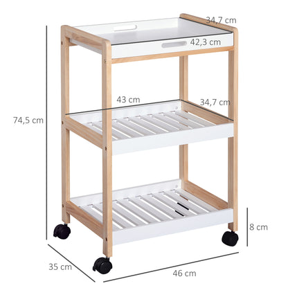 Kitchen Service Trolley with Wheels 2 Shelves + Removable Tray Pine Wood MDF White