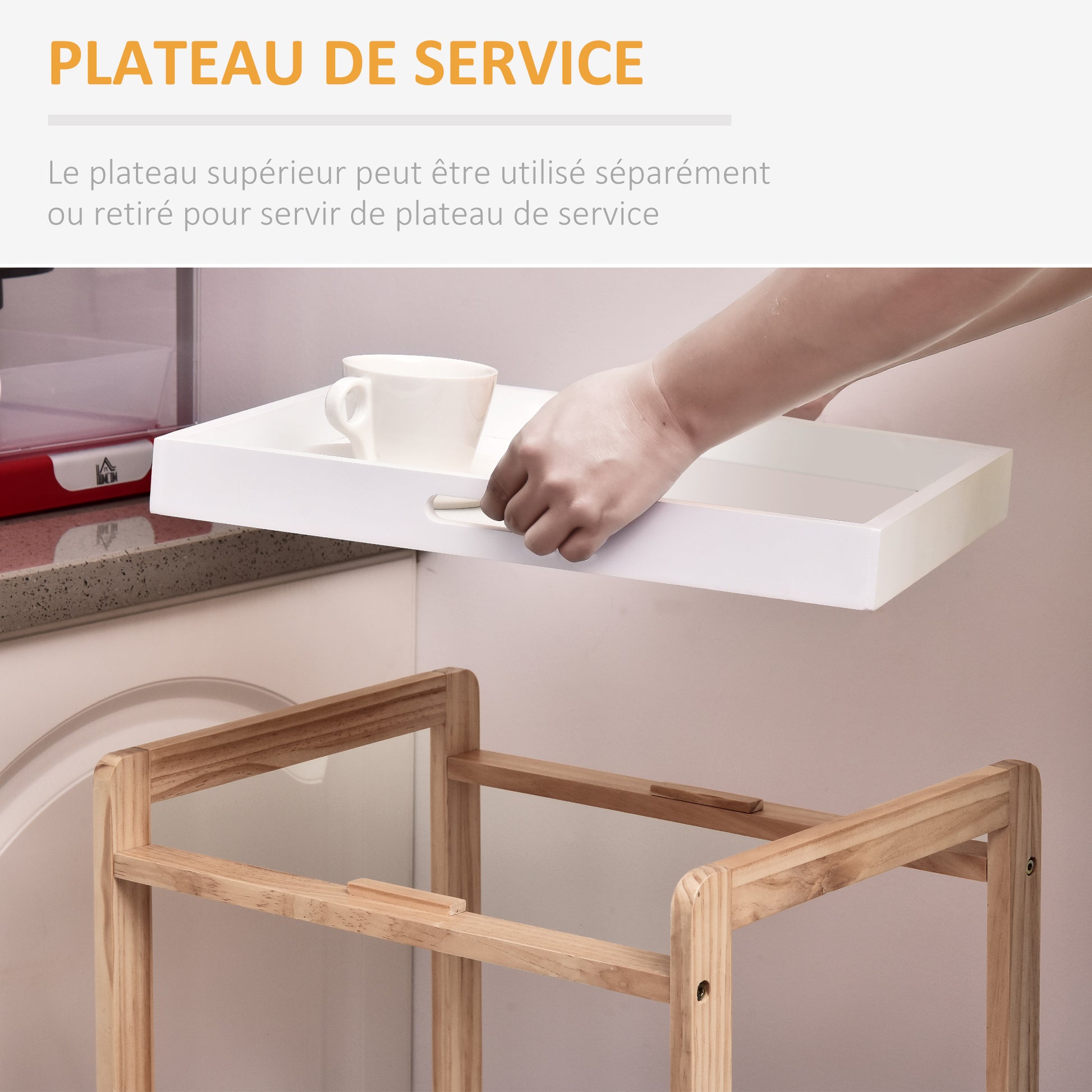 Kitchen Service Trolley with Wheels 2 Shelves + Removable Tray Pine Wood MDF White