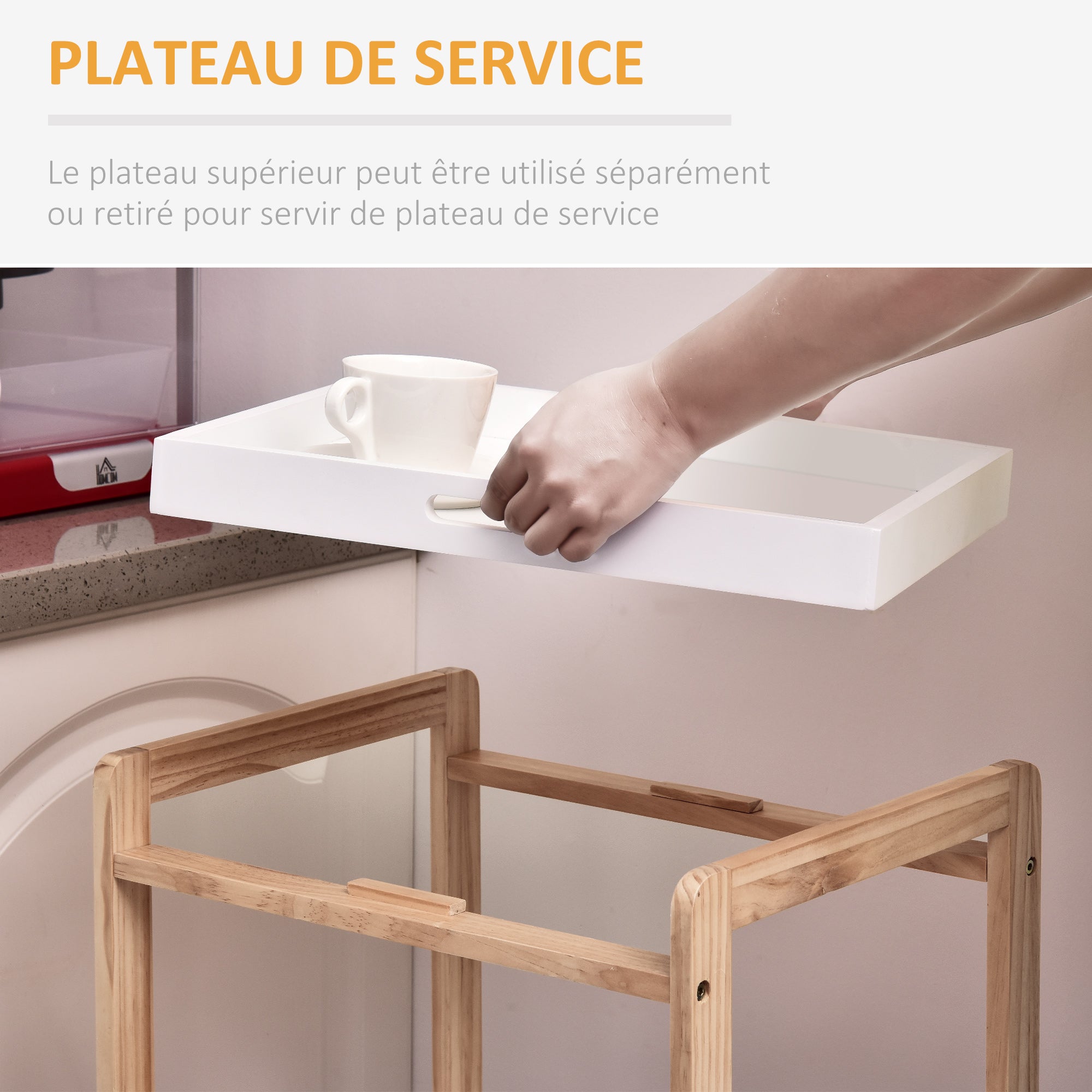 Kitchen Service Trolley with Wheels 2 Shelves + Removable Tray Pine Wood MDF White