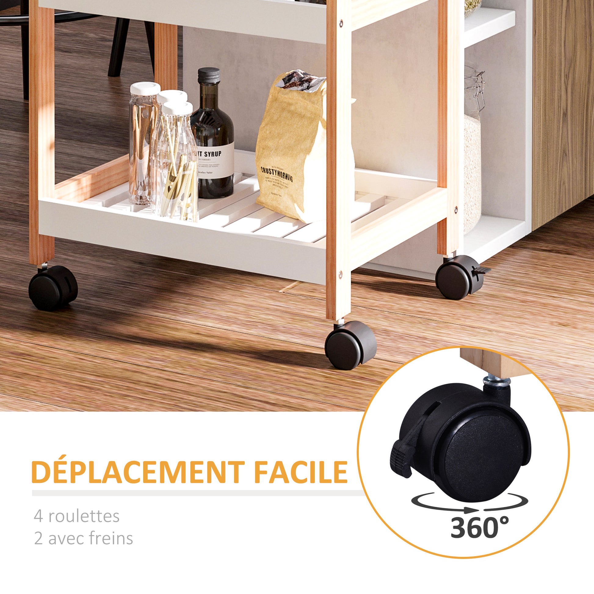 Kitchen Service Trolley with Wheels 2 Shelves + Removable Tray Pine Wood MDF White