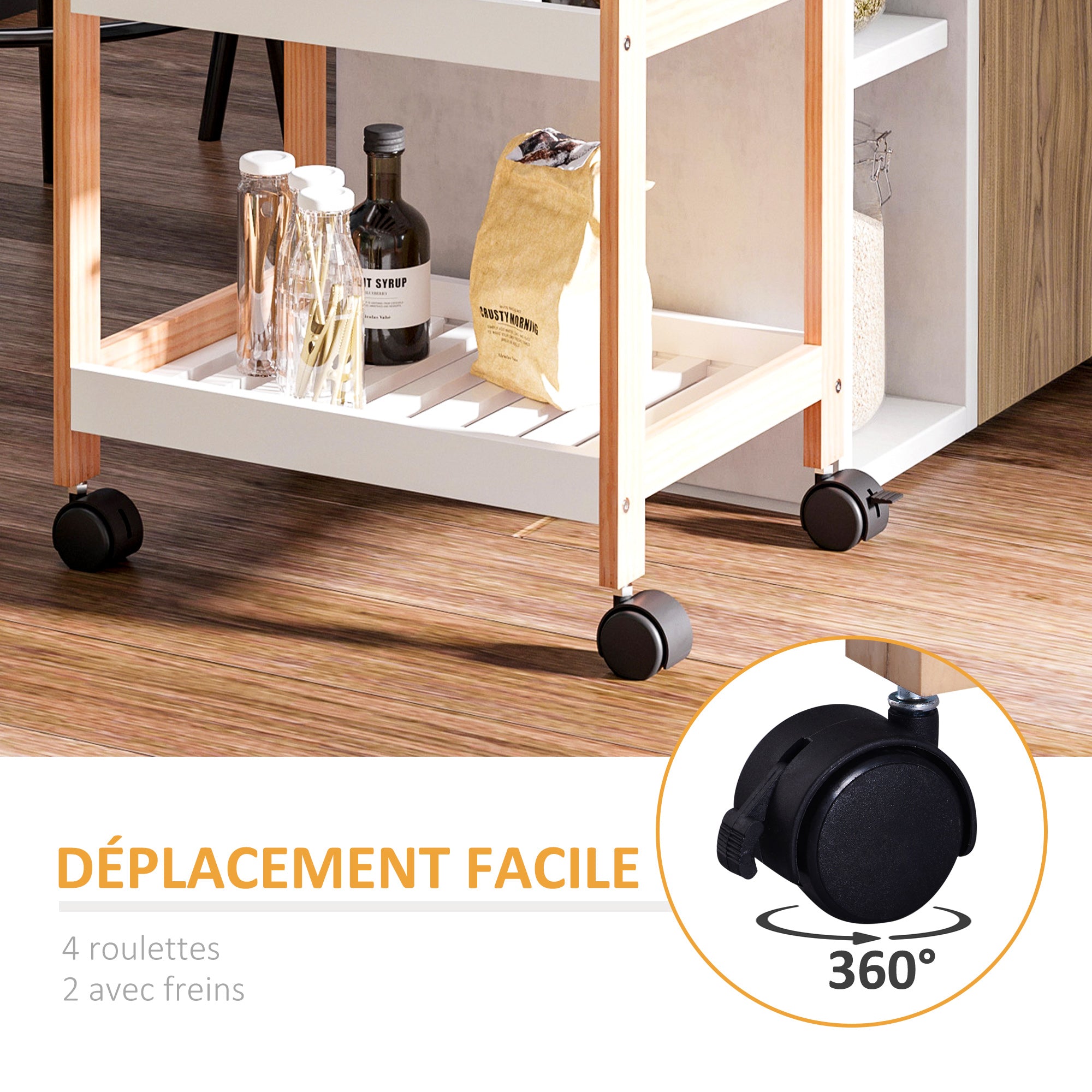 Kitchen Service Trolley with Wheels 2 Shelves + Removable Tray Pine Wood MDF White