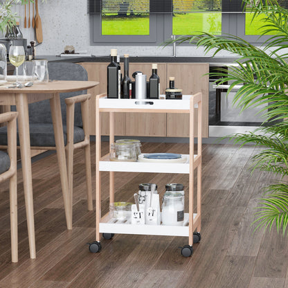 Kitchen Service Trolley with Wheels 2 Shelves + Removable Tray Pine Wood MDF White