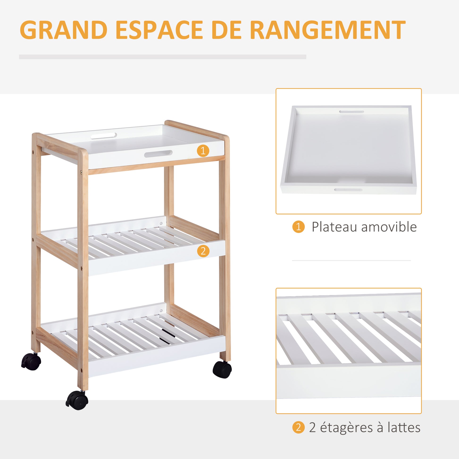 Kitchen Service Trolley with Wheels 2 Shelves + Removable Tray Pine Wood MDF White