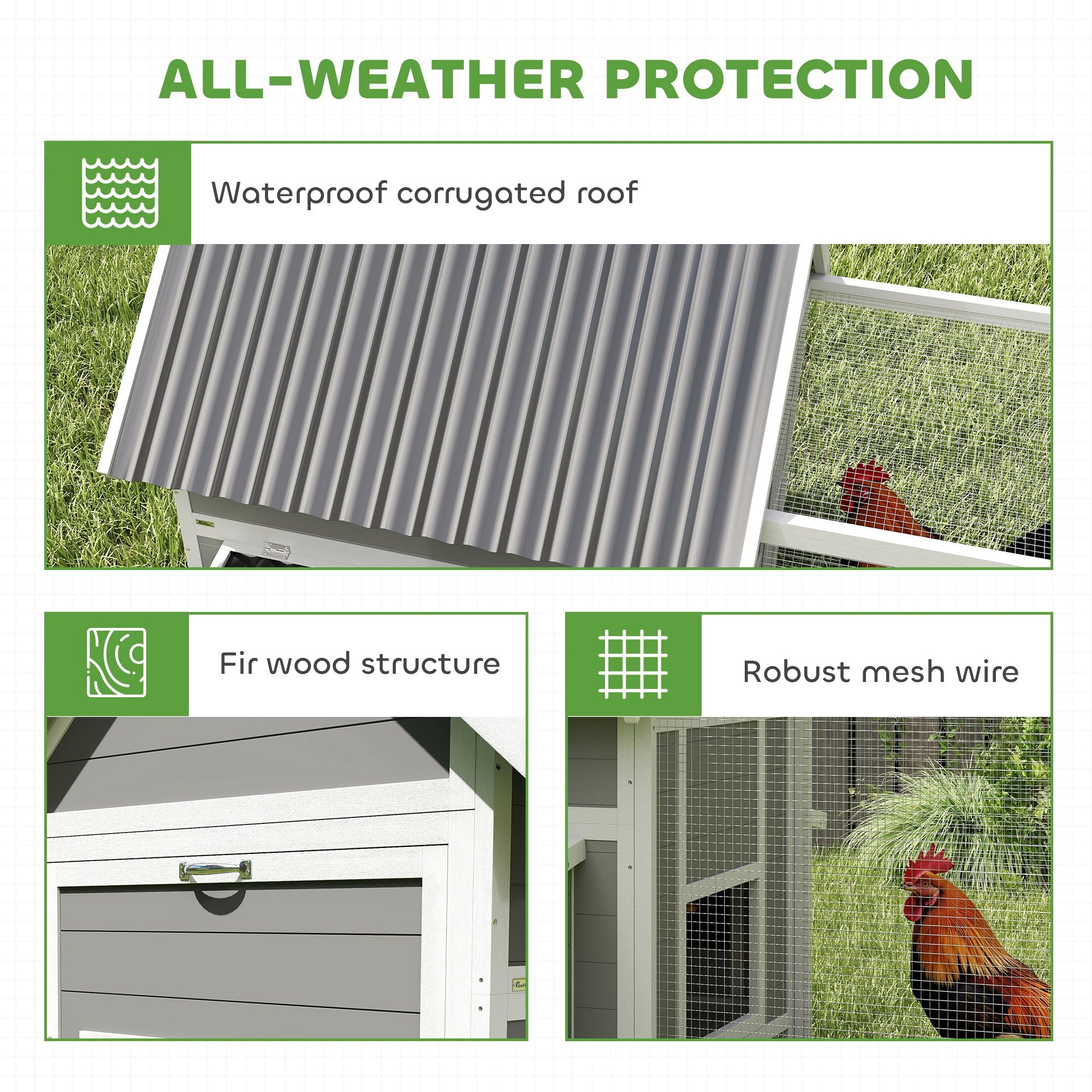 Wooden Chicken Coop with Run, 283 x 133.5 x 112 cm – For 7–10 Hens, 2 Nesting Boxes, Perches & Swing, Gray