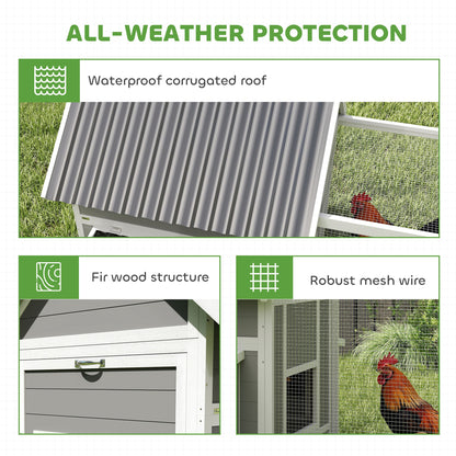 Wooden Chicken Coop with Run, 283 x 133.5 x 112 cm – For 7–10 Hens, 2 Nesting Boxes, Perches & Swing, Gray
