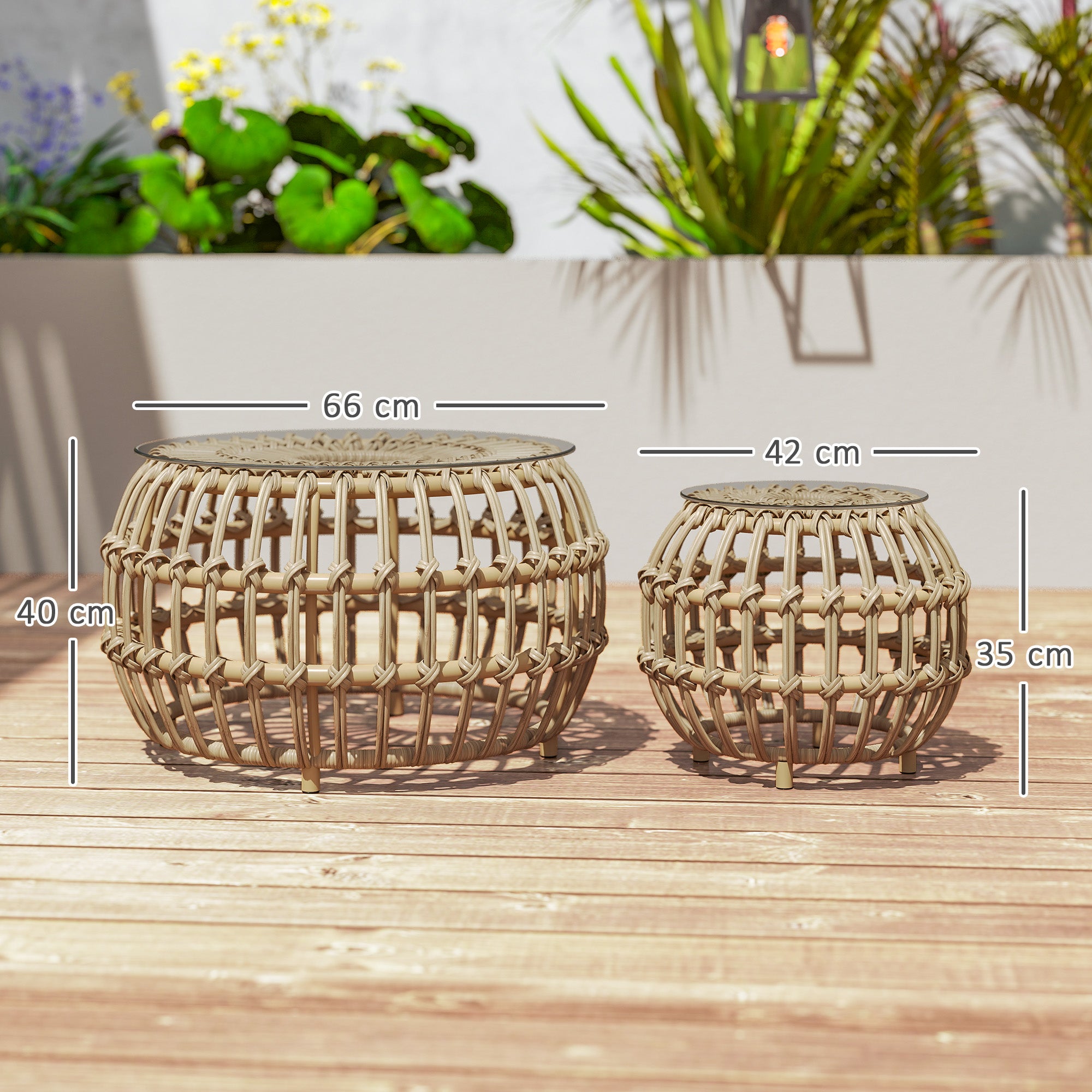 2-Piece Side Table Poly Rattan Ø66/42 cm Round Weatherproof Patio Table with Glass Top Outdoor Balcony Table Coffee Table Garden Furniture for Garden, Balcony Brown