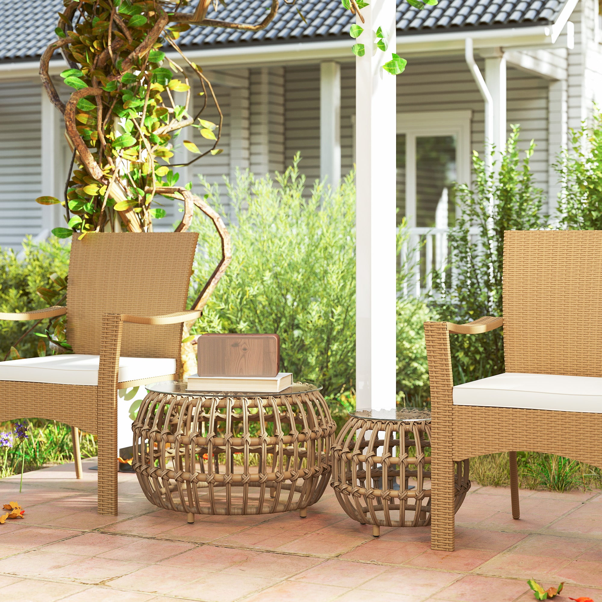 2-Piece Side Table Poly Rattan Ø66/42 cm Round Weatherproof Patio Table with Glass Top Outdoor Balcony Table Coffee Table Garden Furniture for Garden, Balcony Brown