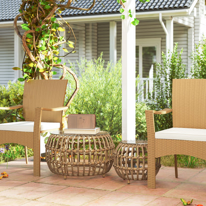 2-Piece Side Table Poly Rattan Ø66/42 cm Round Weatherproof Patio Table with Glass Top Outdoor Balcony Table Coffee Table Garden Furniture for Garden, Balcony Brown