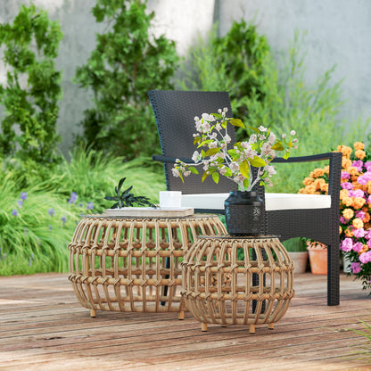 2-Piece Side Table Poly Rattan Ø66/42 cm Round Weatherproof Patio Table with Glass Top Outdoor Balcony Table Coffee Table Garden Furniture for Garden, Balcony Brown