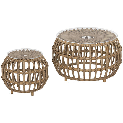 2-Piece Side Table Poly Rattan Ø66/42 cm Round Weatherproof Patio Table with Glass Top Outdoor Balcony Table Coffee Table Garden Furniture for Garden, Balcony Brown