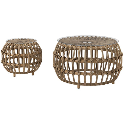 2-Piece Side Table Poly Rattan Ø66/42 cm Round Weatherproof Patio Table with Glass Top Outdoor Balcony Table Coffee Table Garden Furniture for Garden, Balcony Brown