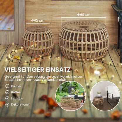 2-Piece Side Table Poly Rattan Ø66/42 cm Round Weatherproof Patio Table with Glass Top Outdoor Balcony Table Coffee Table Garden Furniture for Garden, Balcony Brown