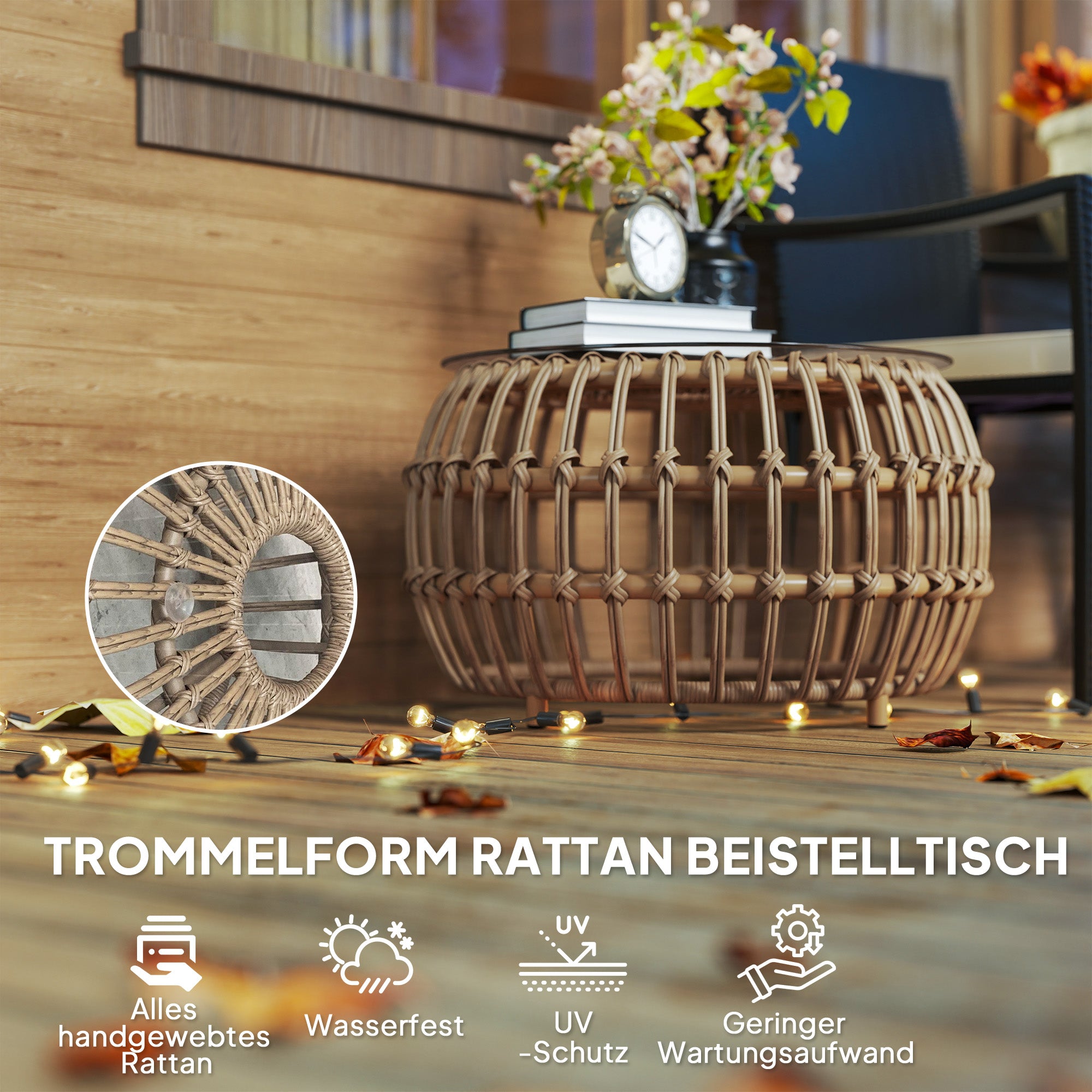 2-Piece Side Table Poly Rattan Ø66/42 cm Round Weatherproof Patio Table with Glass Top Outdoor Balcony Table Coffee Table Garden Furniture for Garden, Balcony Brown