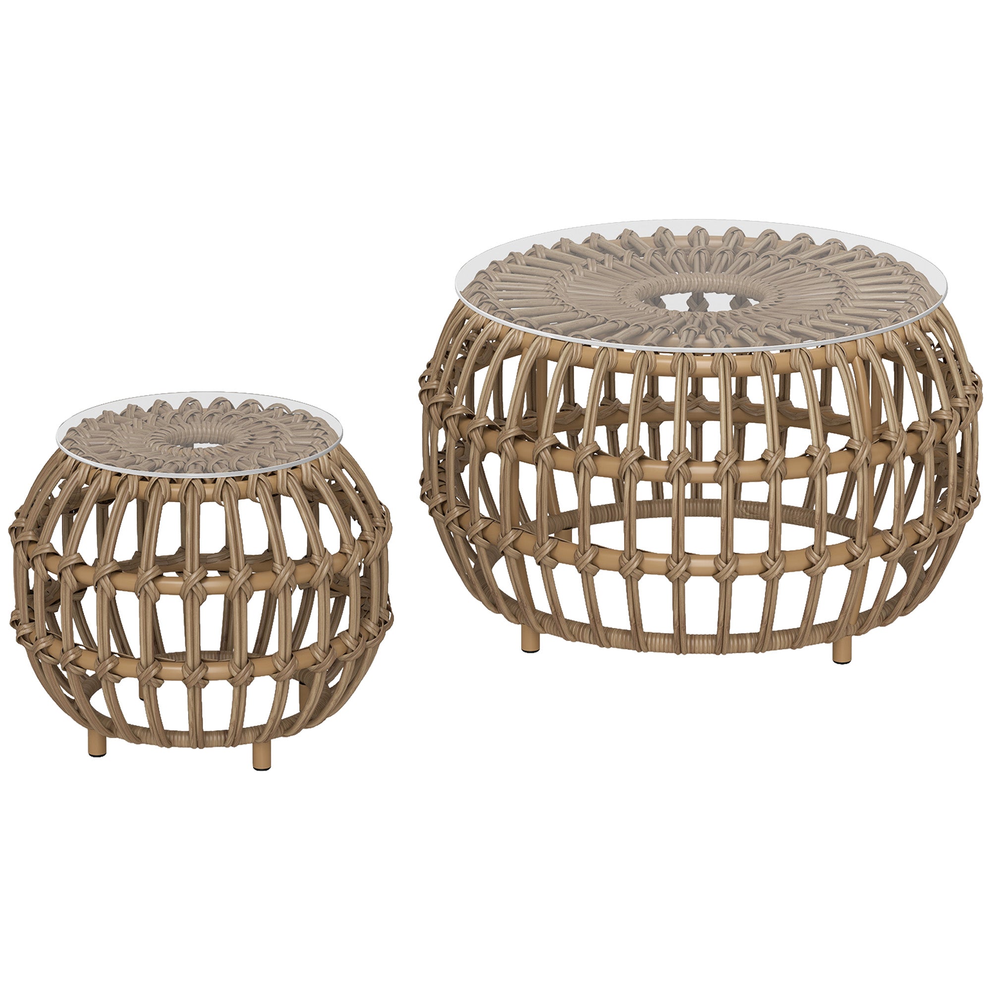 2-Piece Side Table Poly Rattan Ø66/42 cm Round Weatherproof Patio Table with Glass Top Outdoor Balcony Table Coffee Table Garden Furniture for Garden, Balcony Brown