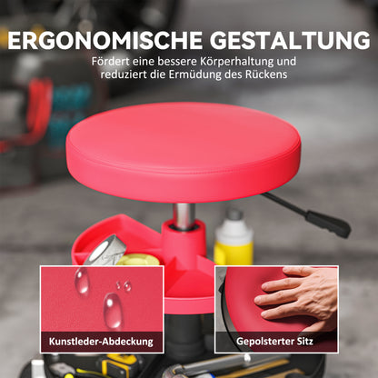 Workshop Stool with Wheels Height Adjustable Trays 40-51cm Rolling Stool up to 135 kg Load-bearing Swivel Work Stool Rolling Seat Swivel Stool Ø38 cm Workshop Seat for Workshop Red