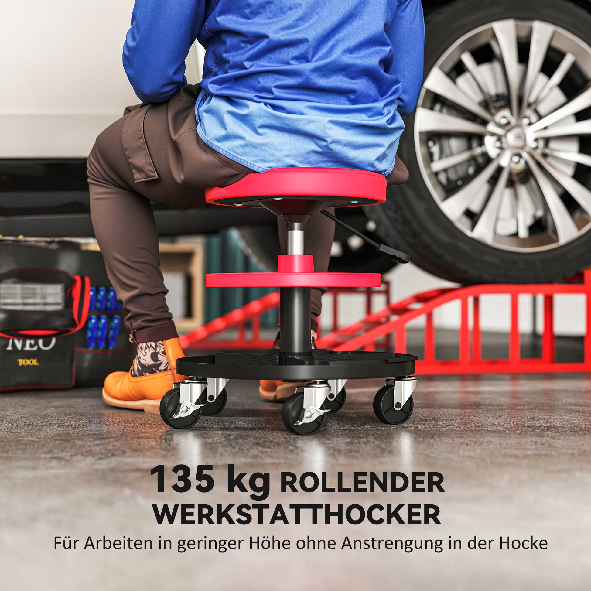 Workshop Stool with Wheels Height Adjustable Trays 40-51cm Rolling Stool up to 135 kg Load-bearing Swivel Work Stool Rolling Seat Swivel Stool Ø38 cm Workshop Seat for Workshop Red