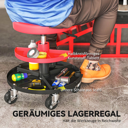 Workshop Stool with Wheels Height Adjustable Trays 40-51cm Rolling Stool up to 135 kg Load-bearing Swivel Work Stool Rolling Seat Swivel Stool Ø38 cm Workshop Seat for Workshop Red