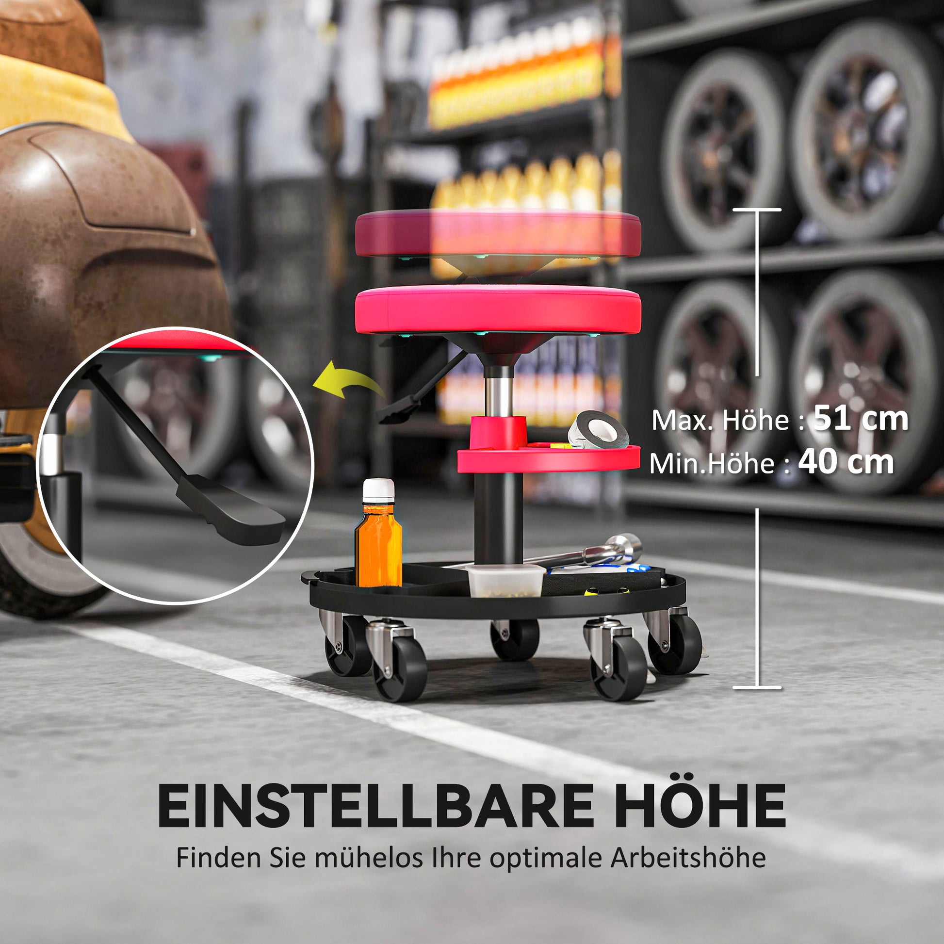 Workshop Stool with Wheels Height Adjustable Trays 40-51cm Rolling Stool up to 135 kg Load-bearing Swivel Work Stool Rolling Seat Swivel Stool Ø38 cm Workshop Seat for Workshop Red