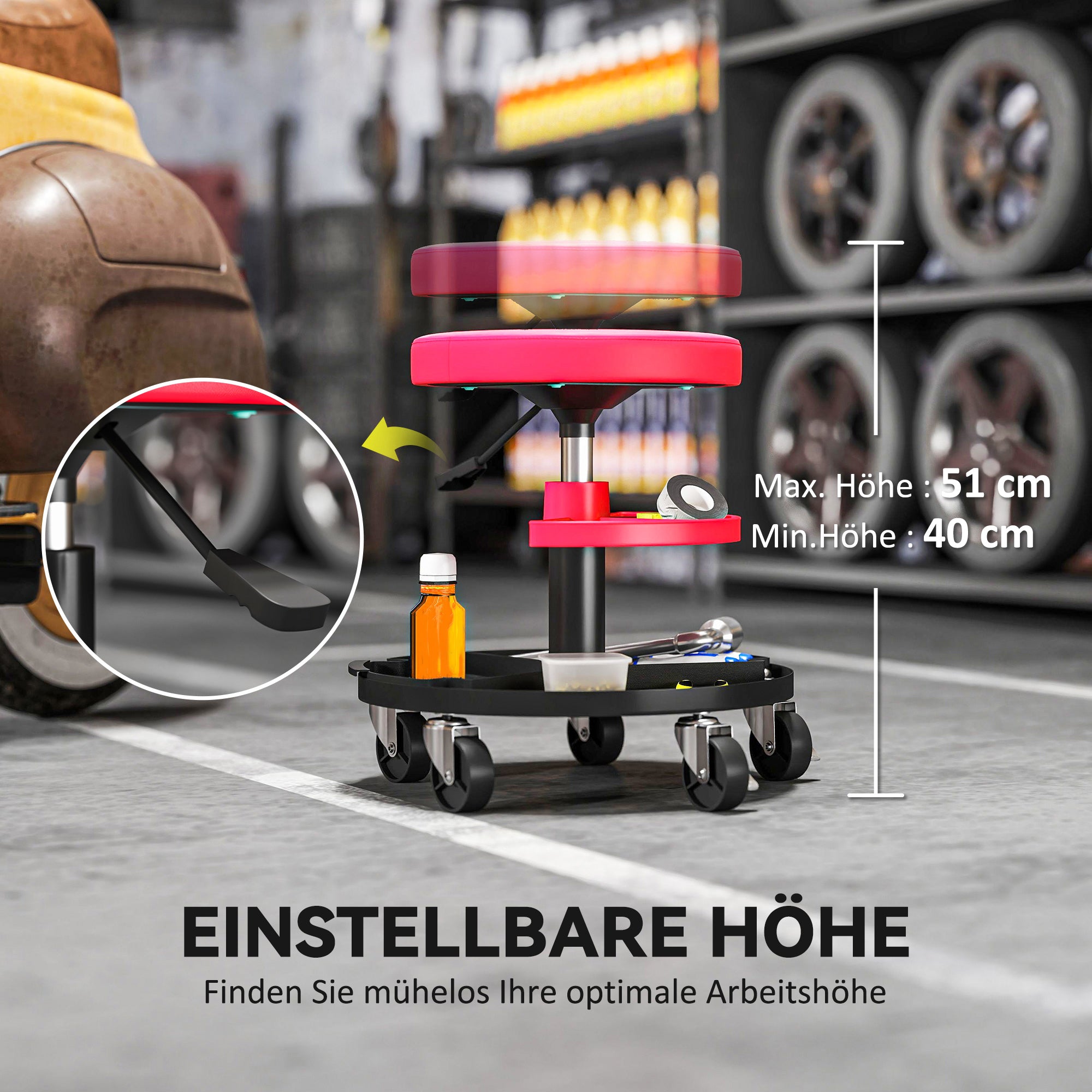 Workshop Stool with Wheels Height Adjustable Trays 40-51cm Rolling Stool up to 135 kg Load-bearing Swivel Work Stool Rolling Seat Swivel Stool Ø38 cm Workshop Seat for Workshop Red