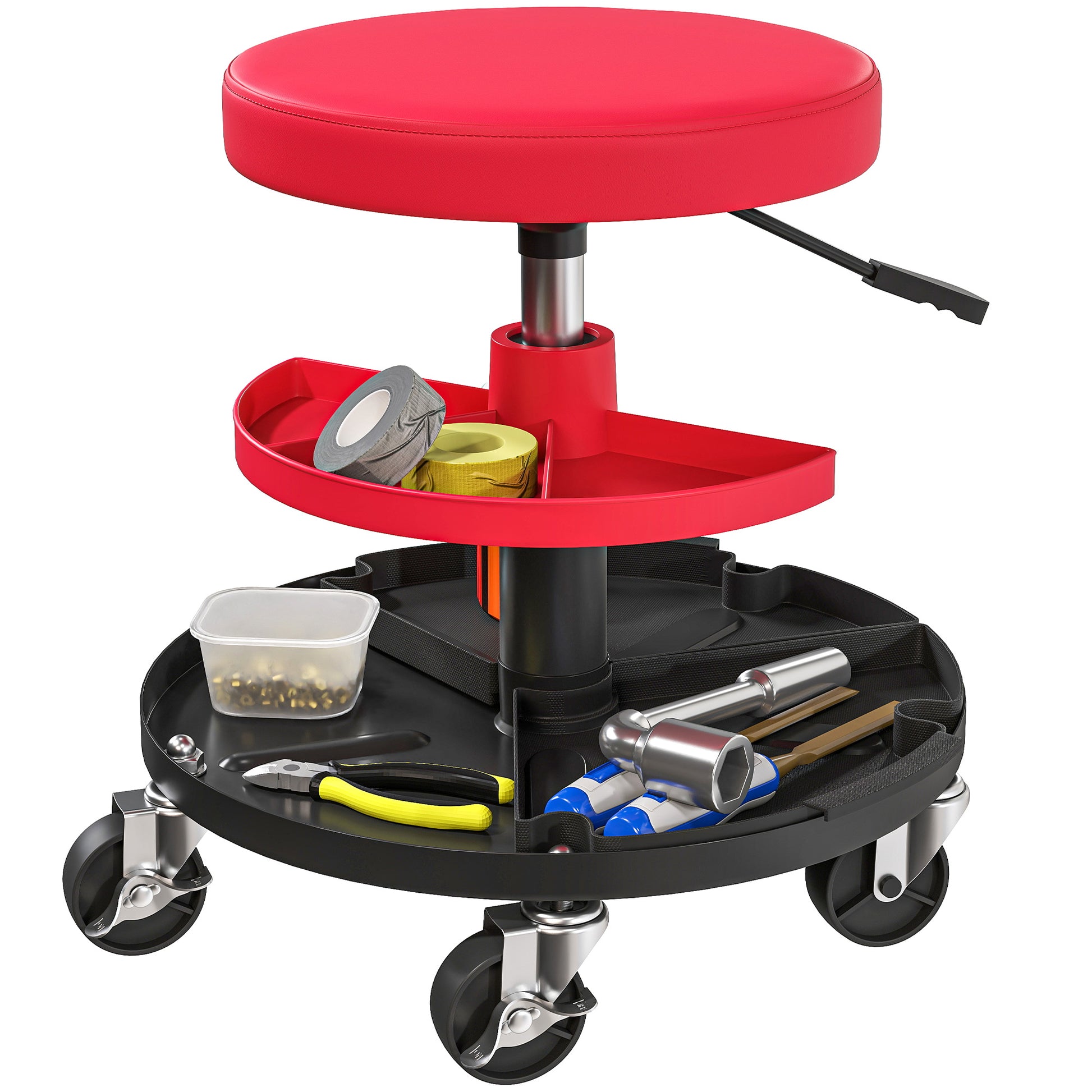 Workshop Stool with Wheels Height Adjustable Trays 40-51cm Rolling Stool up to 135 kg Load-bearing Swivel Work Stool Rolling Seat Swivel Stool Ø38 cm Workshop Seat for Workshop Red