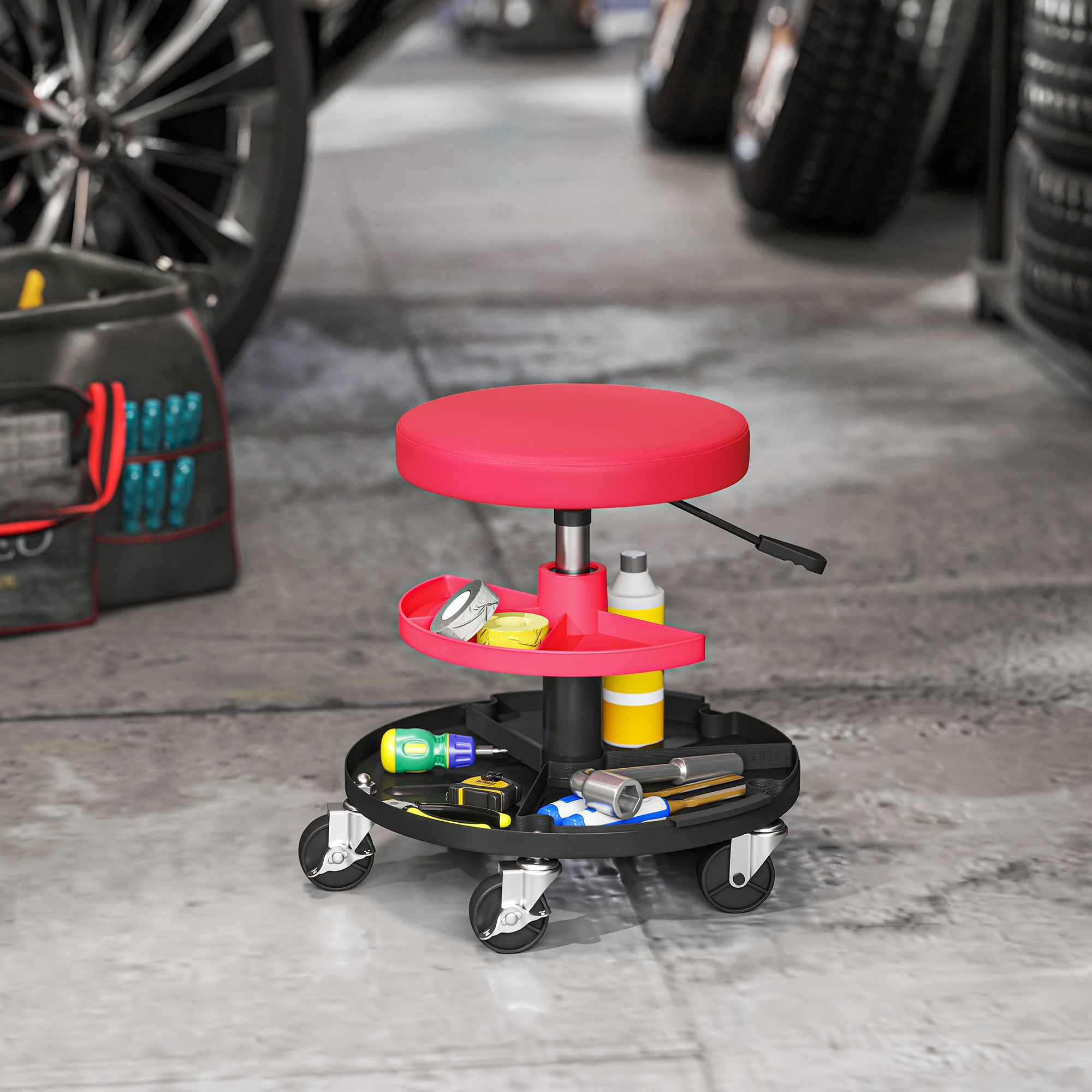 Workshop Stool with Wheels Height Adjustable Trays 40-51cm Rolling Stool up to 135 kg Load-bearing Swivel Work Stool Rolling Seat Swivel Stool Ø38 cm Workshop Seat for Workshop Red