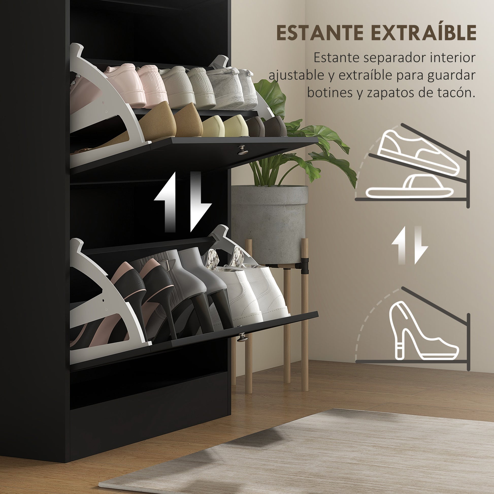 Narrow Shoe Cabinet with 3 Flip-Down Doors Shoe Storage Entryway Shoe Rack with Adjustable Shelves for 18 Pairs of Shoes for Hallway Small Spaces 60x23.5x115 cm Black